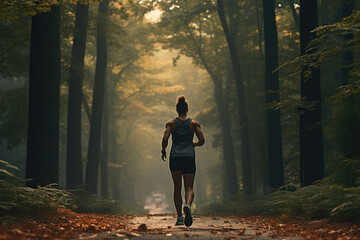 A runner jogging through a forest trail, experiencing the energy and freshness of the woods. Concept of running and health benefits of forest air. Generative Ai.