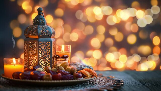 Arabian lantern ornament, delicious dates, ramadan decoration background animation looping video 4k