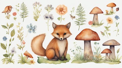 Obraz na płótnie Canvas Watercolor Woodland Animals - Bear, Fox, Bunny, Raccoon