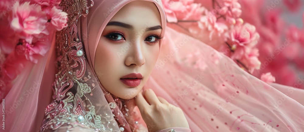 Poster stunning muslim woman in kebaya, an asian traditional dress, posing for eidul fitri fashion.