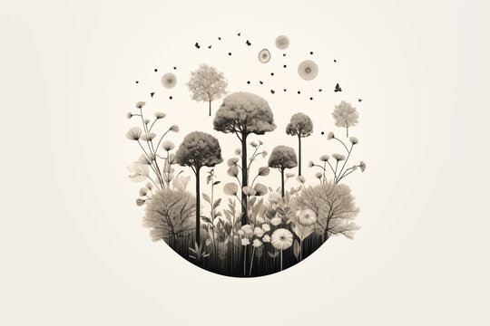 Illustration en noir et blanc pour la journée de la terre - dessin terre et nature en noir et blanc