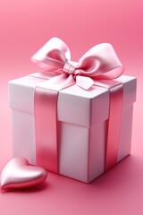 Obraz premium A white gift box with a pink bow and a heart. Perfect for special occasions and celebrations
