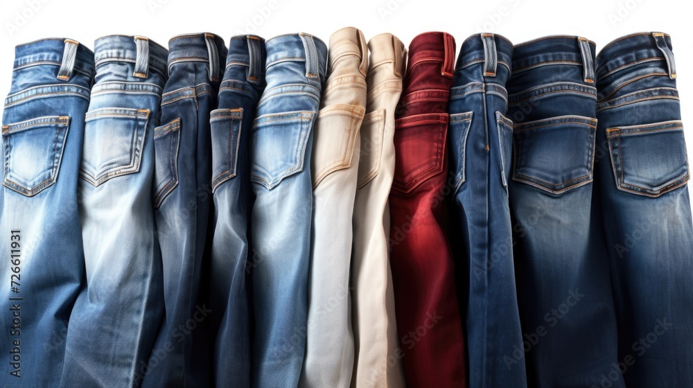 Poster a row of jeans hanging on a rack. versatile and practical for various fashion or retail themes