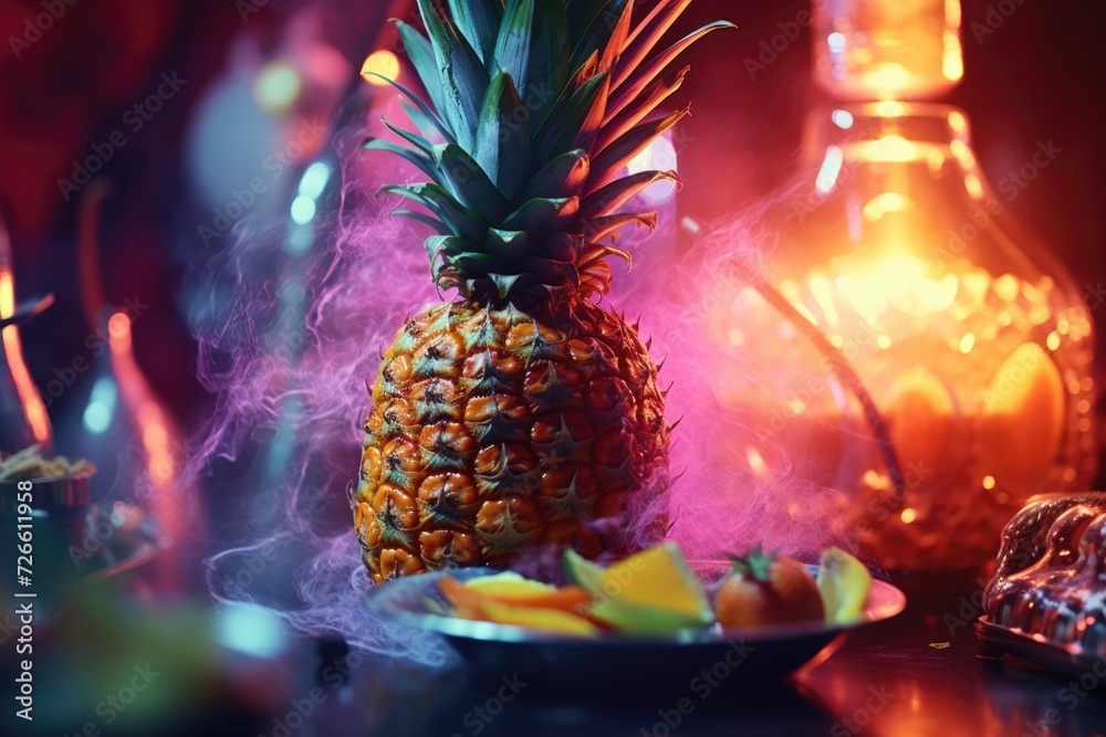 Poster a pineapple sits on top of a table next to a plate of various fruits. suitable for food and tropical