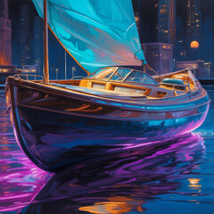 A mesmerizing cyberpunk mesmeric dimensional dinghy appears in an oil painting. The main subject of...