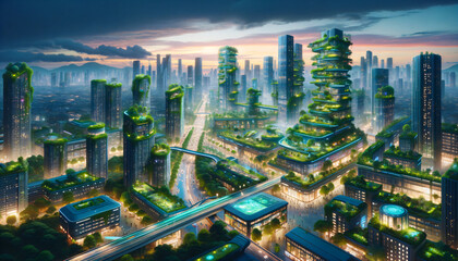 Futuristic cityscape at dusk, blending technology and nature with green skyscrapers, eco-transport, and vibrant streets. Generative AI. - obrazy, fototapety, plakaty