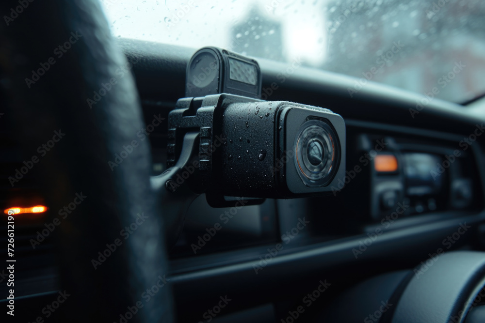 Poster A close-up view of a car dashboard with a dash camera attached. Perfect for illustrating the use of dash cameras for safety and documentation purposes