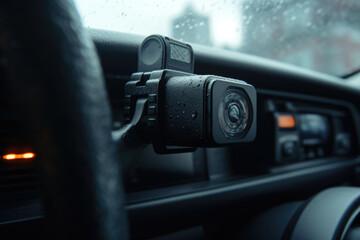 A close-up view of a car dashboard with a dash camera attached. Perfect for illustrating the use of dash cameras for safety and documentation purposes