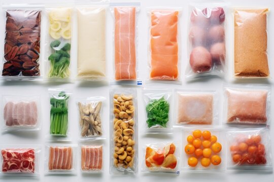 A collection of various foods packed in convenient plastic bags. Perfect for showcasing different food options and packaging solutions