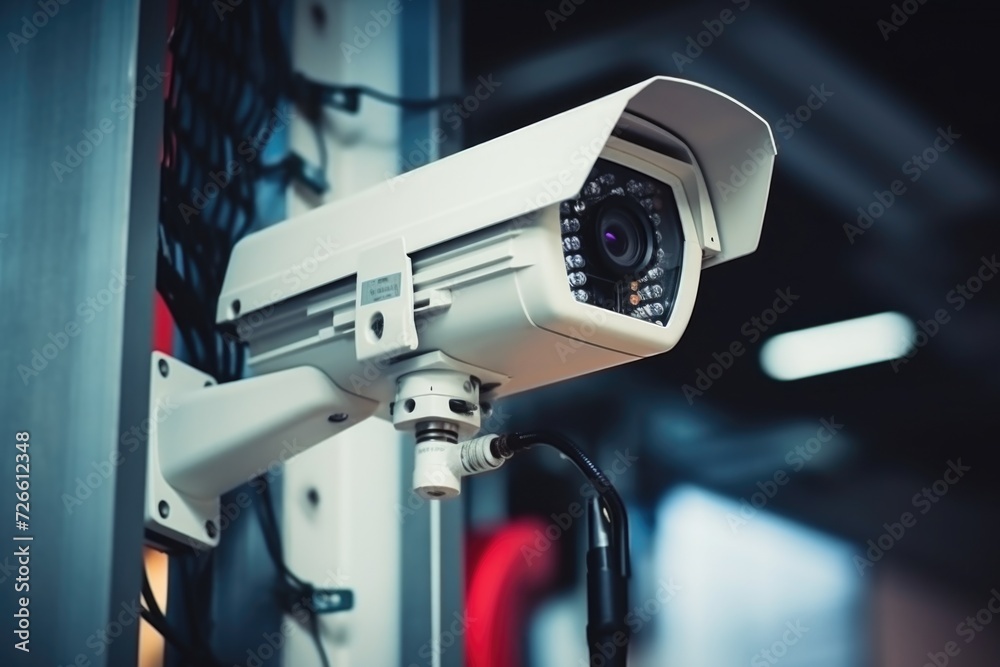 Poster A security camera mounted on the side of a building. Can be used to monitor and enhance security measures