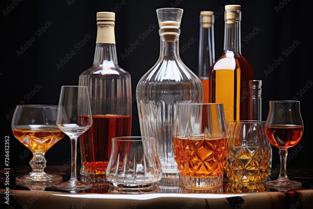 Poster A collection of different glasses and bottles of alcohol displayed on a table. Perfect for bar scenes or beverage-related projects