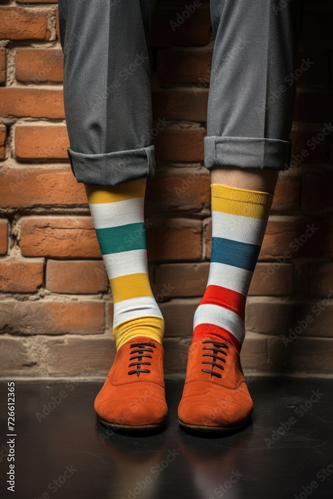 Poster a person wearing a pair of colorful socks. great for adding a pop of color to any outfit