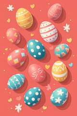 Fototapeta premium Illustration for Easter celebration with easter eggs decorated on a flat lay pastel color background