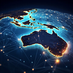  A digital map of the Australia represents a global network concept with data transfer , information exchange, telecommunication , connectivity and cyber technology - obrazy, fototapety, plakaty