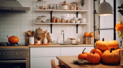 A kitchen filled with different types of pumpkins. Perfect for fall and Halloween-themed designs