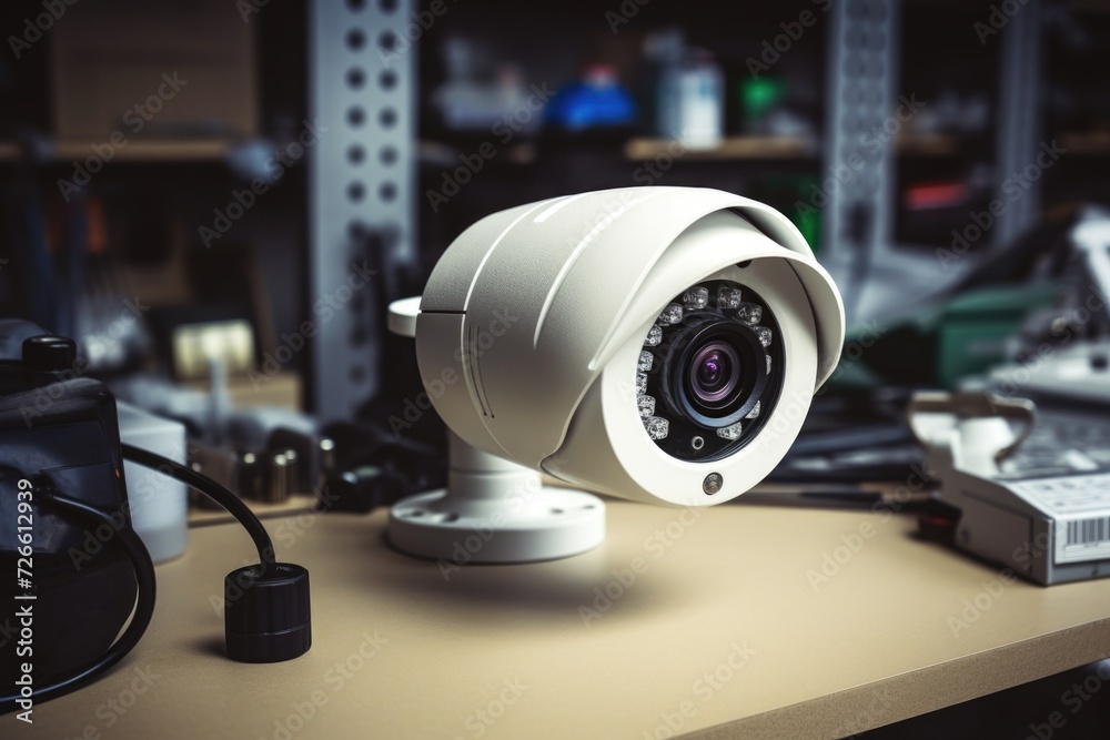 Poster a security camera placed on top of a desk. ideal for illustrating surveillance, office security, or 