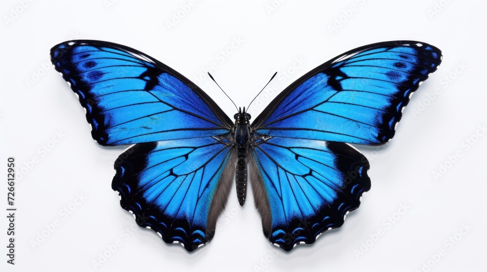 Poster a beautiful blue and black butterfly resting on a white surface. perfect for nature-themed projects 