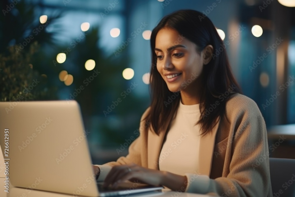 Poster a woman sitting at a table using a laptop computer. suitable for technology, remote work, and produc
