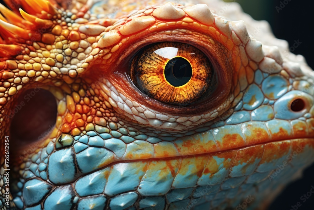 Poster a detailed close-up of a lizard's eye on a black background. ideal for nature enthusiasts and reptil