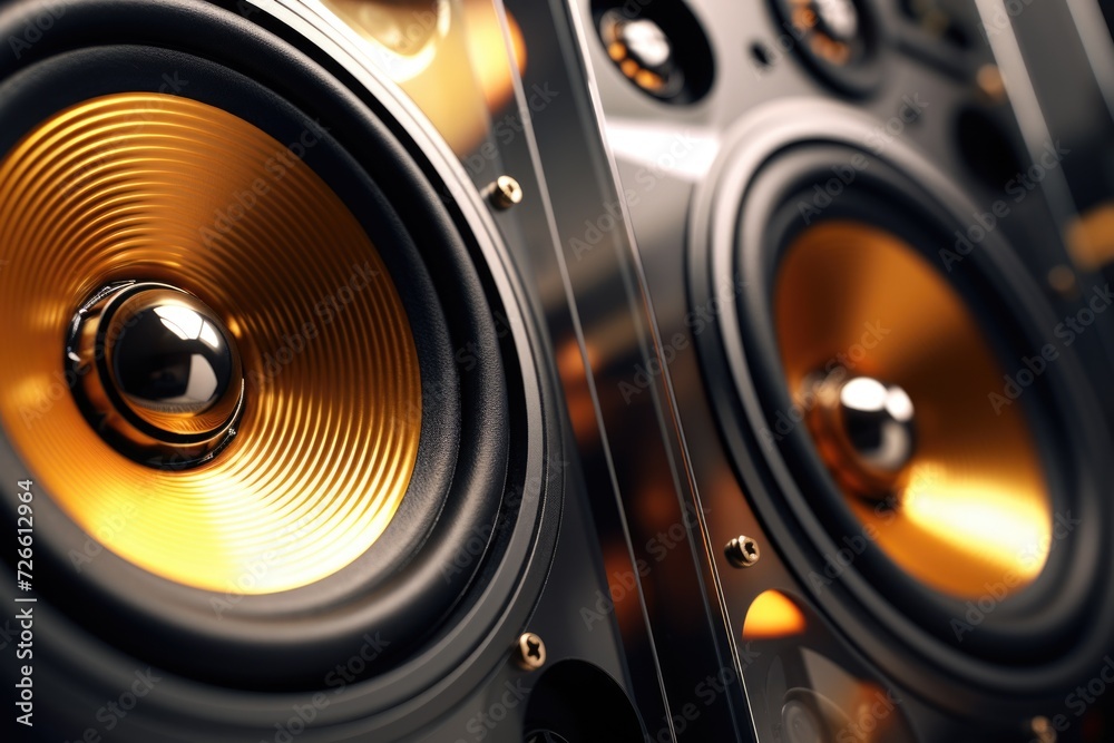 Poster a detailed view of a pair of speakers. suitable for music-related projects or articles