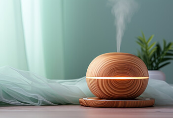 Modern Spherical Aroma Diffuser with Gentle Mist.
Stylish spherical wooden aroma diffuser emitting a gentle mist in a contemporary home setting.