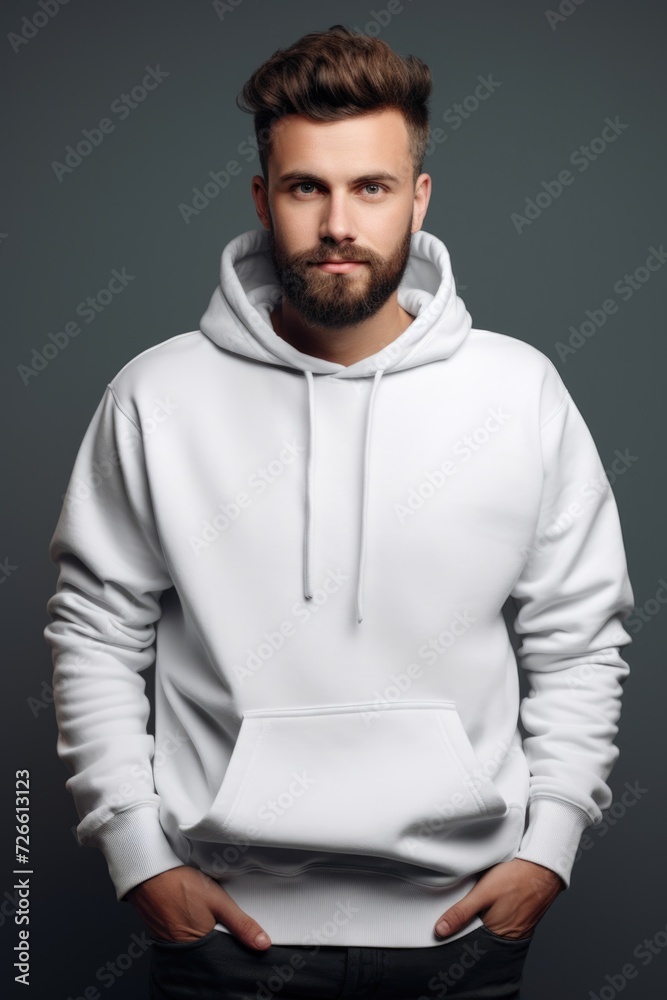 Poster a man wearing a white hoodie poses for a picture. this versatile image can be used for various purpo