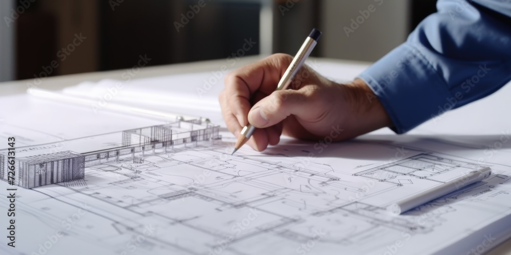 Poster a person is shown holding a pencil and skillfully drawing a building. this image can be used to depi