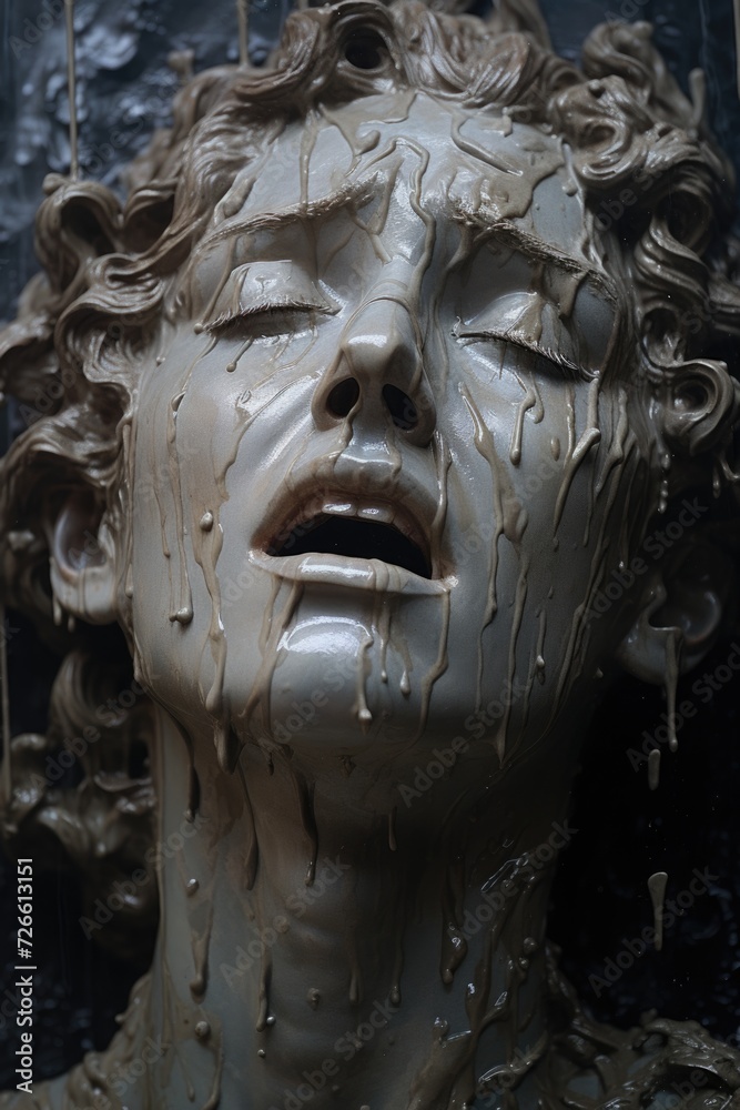Poster a detailed close-up of a statue depicting the face of a woman. perfect for adding a touch of eleganc
