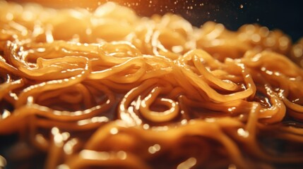 A close-up view of a pile of noodles. Great for food-related projects or culinary themes