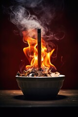 A burning incense stick placed in a bowl on a table. This image can be used to create a calming atmosphere or to depict spiritual practices