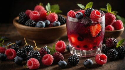 Delicious Berry Cocktail with Assorted Fresh Berries in a Clear Glass and a Wooden Bowl 