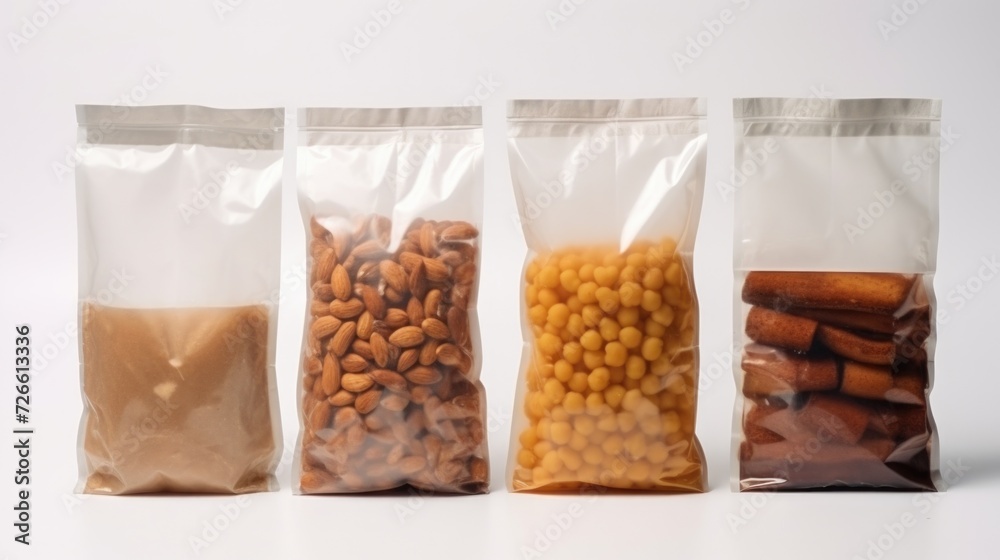 Aufkleber A row of bags filled with a variety of nuts and spices. Perfect for adding flavor to your dishes or creating a delicious snack mix