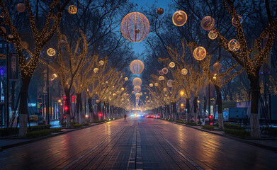 Hefei scene with traffic lights in the background of street. Festive lights and decorations