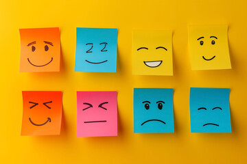 An array of sticky notes in vibrant colors, each with a different hand-drawn emoticon, against a vivid yellow background.