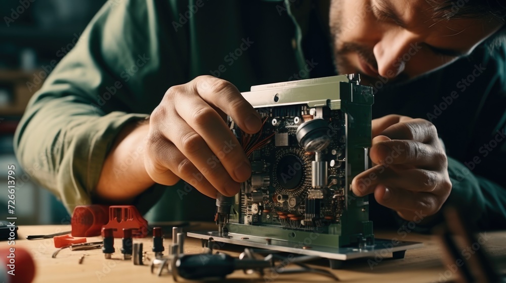 Aufkleber A man is seen working on a computer motherboard. This image can be used to illustrate computer repairs, technology advancements, or IT industry