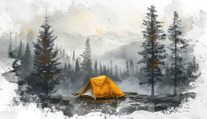 Watercolor camp with a weathered tent in the foreground, with forest and mountains in the background