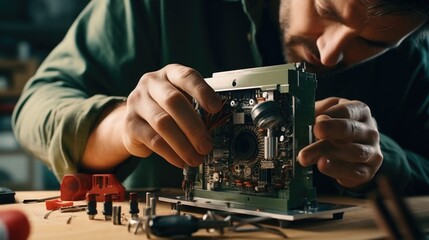 A man is seen working on a computer motherboard. This image can be used to illustrate computer repairs, technology advancements, or IT industry