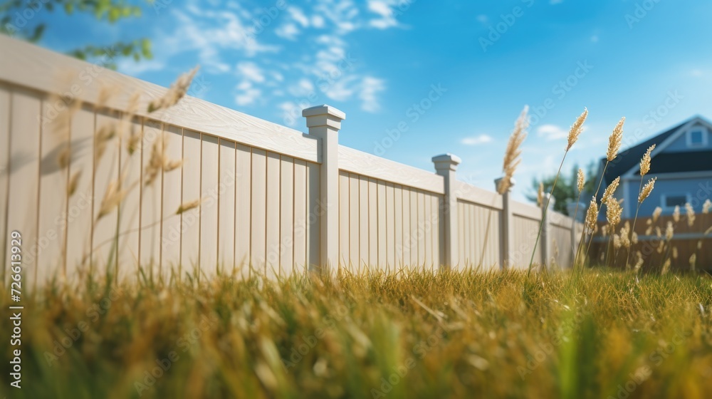 Poster a picture of a white fence in a grassy yard with a house in the background. suitable for various use
