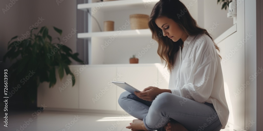 Poster Woman sitting on the floor using a tablet computer. Suitable for technology-related content