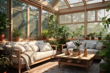 A warm and inviting living room adorned with a variety of furniture pieces and an abundance of vibrant plants. Perfect for interior design inspiration or showcasing a cozy home environment