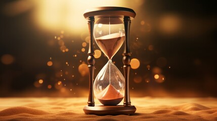 Sand running through the bulbs of an hourglass measuring the passing time in a countdown to a deadline, on a dark background. Neural network AI generated art