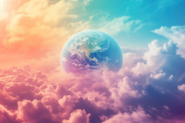 Naklejka na ściany i meble Illustration d'un globe terrestre au dessus des nuages dans des couleurs pastels - image de la terre - journée de la terre
