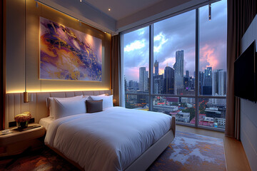 Luxury Hotel Room with Cityscape View.
A well-appointed hotel room featuring a large bed, modern decor, and expansive windows overlooking a vibrant city skyline.
