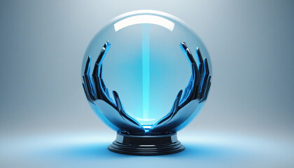 3d render, abstract blue background, metallic human hands, glowing neon light inside the translucent glass ball. Futuristic power technology, energy concept