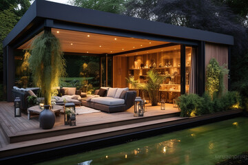 Fototapeta premium Decorating the living room in the backyard in a modern and loft style. Ai generate.