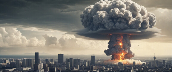 big nuclear explosion mushroom cloud effect over city skyline for apocalyptical aftermath of nuclear attach or the use of mass destruction weapons  - obrazy, fototapety, plakaty