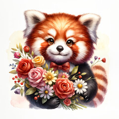 Red panda with flowers. Watercolor illustration for greeting cards and children's decor, stickers, nursery art. For Birthday, Valentine's Day and Mother’s day cards and invitations. 