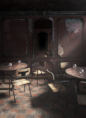 Interior of an abandoned cafe with wooden tables and chairs, a mirror in the middle, a damaged wall and a dusty tiled floor