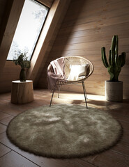 Room under a roof only made of wood, an armchair, a bouquet of flowers, a cactus, a carpet and parquet floor
