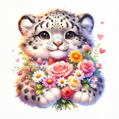 Snow leopard with flowers. Watercolor illustration for greeting cards and children's decor, stickers, nursery art. For Birthday, Valentine's Day and Mother’s day cards and invitations. 
